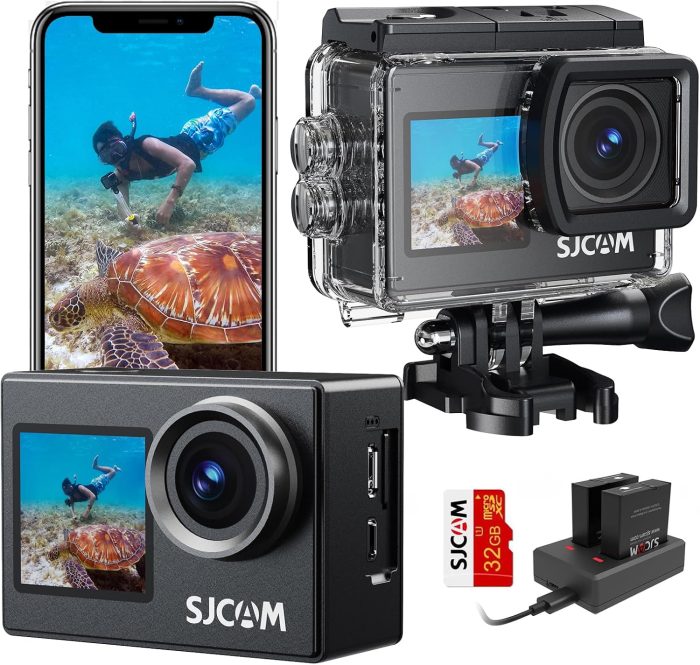 SJCAM Upgraded SJ4000 Action Camera Dual Screen 4K30FPS Ultra HD Underwater Camera Waterproof 170° Wide-Angle Motorcycle Helmet Camera with Stabilization, 2 Batteries and Accessories, 32G Card