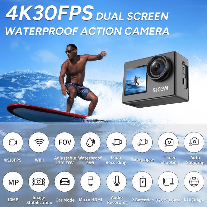 SJCAM Upgraded SJ4000 Action Camera Dual Screen 4K30FPS Ultra HD Underwater Camera Waterproof 170° Wide-Angle Motorcycle Helmet Camera with Stabilization, 2 Batteries and Accessories, 32G Card - Image 2