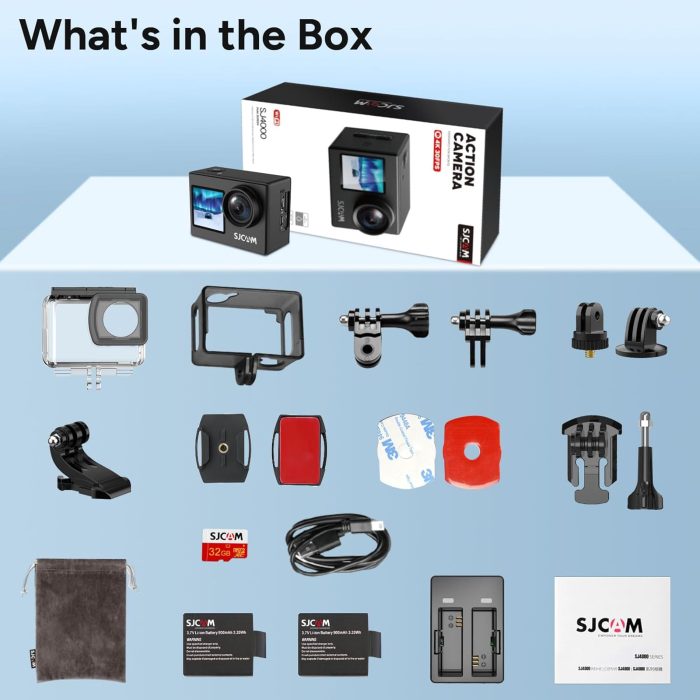 SJCAM Upgraded SJ4000 Action Camera Dual Screen 4K30FPS Ultra HD Underwater Camera Waterproof 170° Wide-Angle Motorcycle Helmet Camera with Stabilization, 2 Batteries and Accessories, 32G Card - Image 8